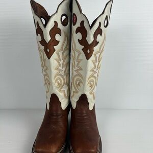 Tony Lama Buckaroo Size 9B White & Brown Women's Square Toe Boots RR2007L